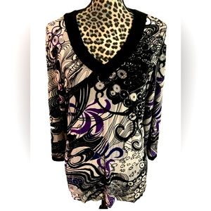 Chicos travelers Top Blouse L The Neck, Long Sleeve, White Black, Purple Accent